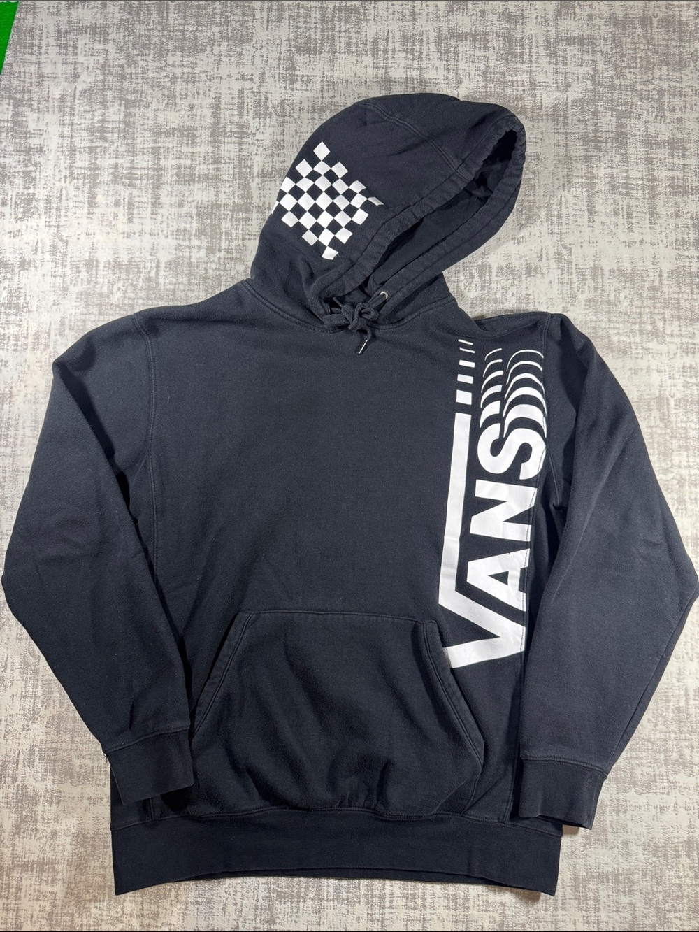 Vans Black Hoodie with White Vertical Logo size Medium Mens 27X21.5 PTP
